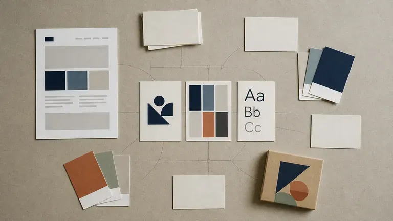 A complete brand kit surrounded by a website screenshot, notes and colour cards on a desk
