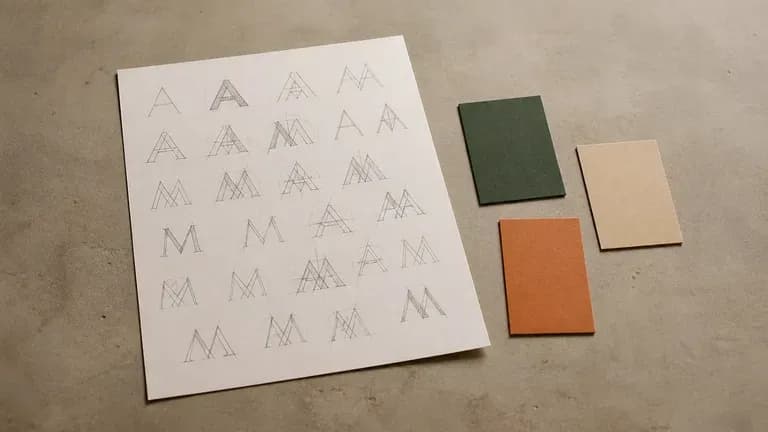 A sheet of paper with initial-letter sketches and colour tests for a new brand name
