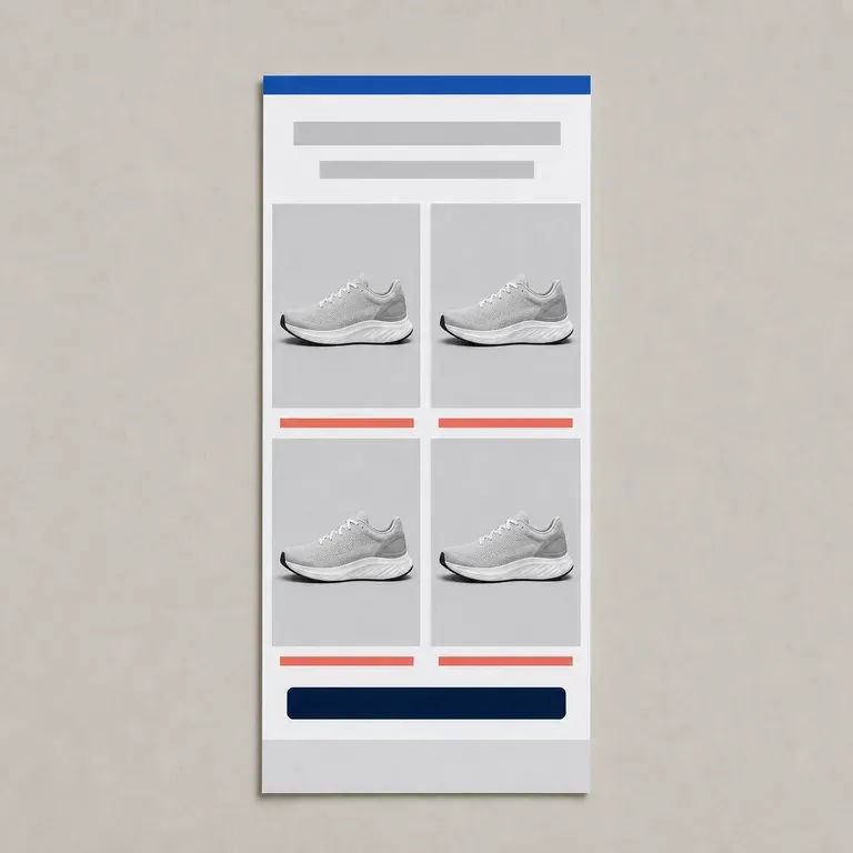 A product-grid email layout with four product colour blocks arranged evenly