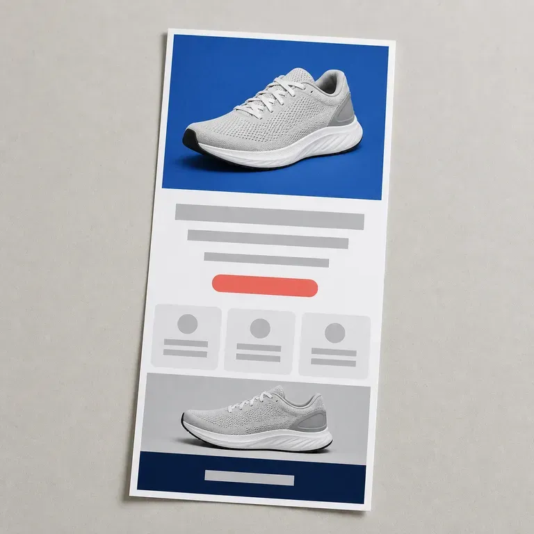 A new-arrival email layout with a large product colour block at the top
