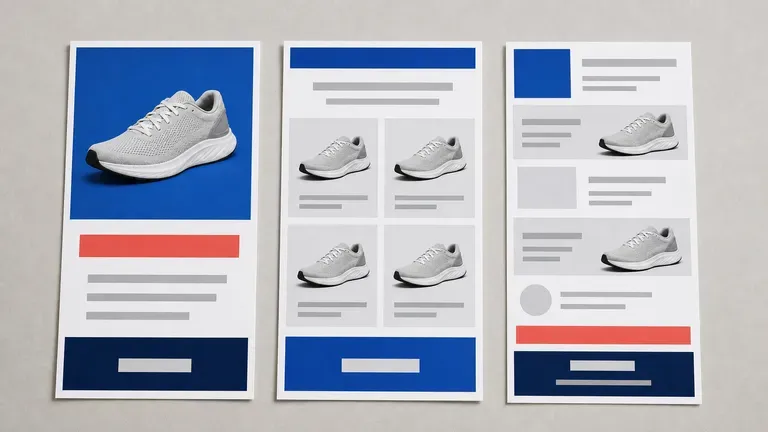 Three email layouts from one product photo: single promo, product grid and long newsletter