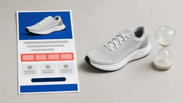 A promotion-themed email layout beside a physical product and a countdown hourglass prop