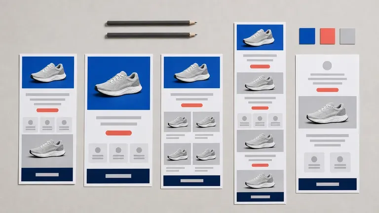 Several email layouts spread across a meeting table for an agency team to review