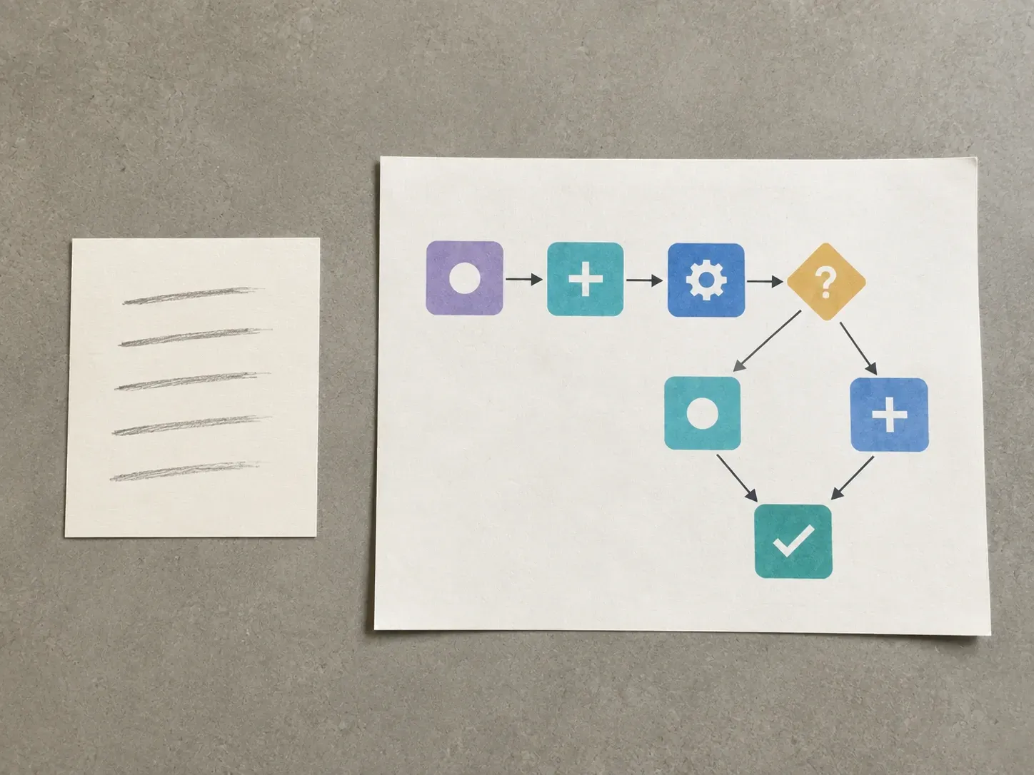 Handwritten notes beside a printed flowchart with coloured boxes, arrows and a diamond decision node