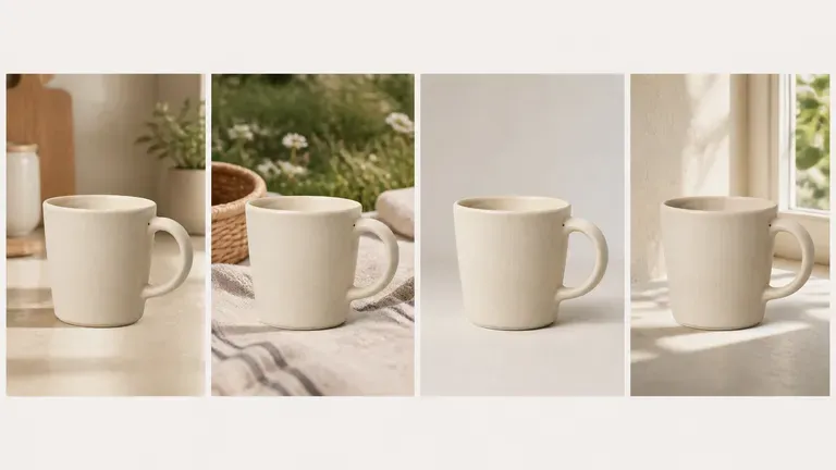 The same mug shown in four scene variations: kitchen counter, outdoor picnic, minimal studio, window light