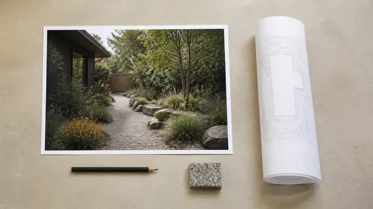 A landscape concept preview beside a rolled site plan prop
