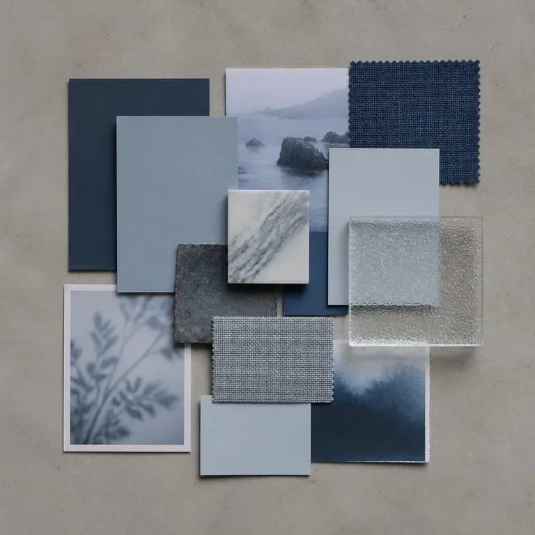 A cool-toned advertising moodboard with misty blue cards and frosted glass texture