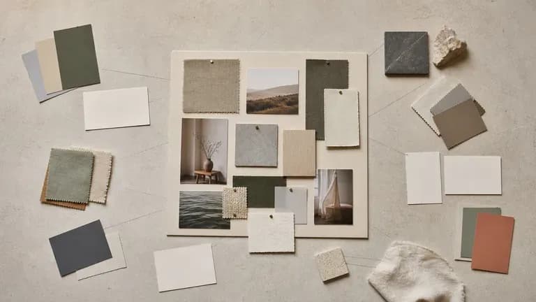 A complete moodboard surrounded by scattered colour cards, fabric swatches and blank notes