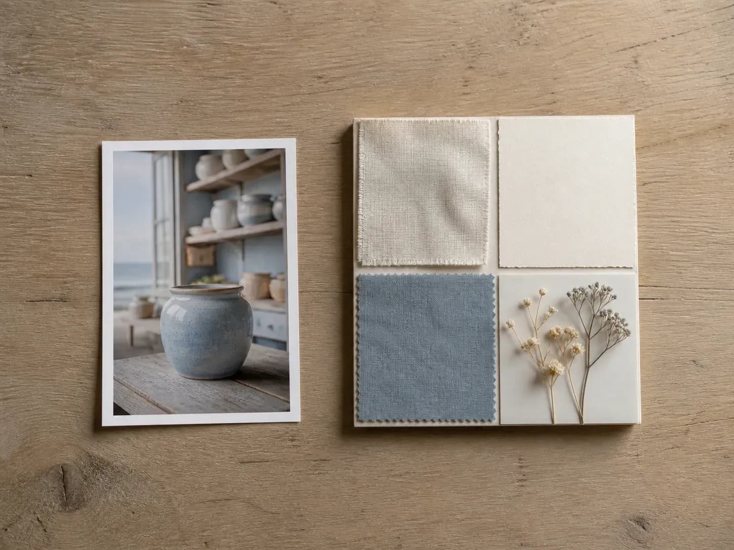 A glazed ceramic jar reference photo beside a full moodboard extending its coastal theme