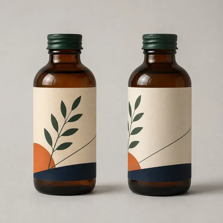 A bottle label concept shown from the front and the side as a 3D render