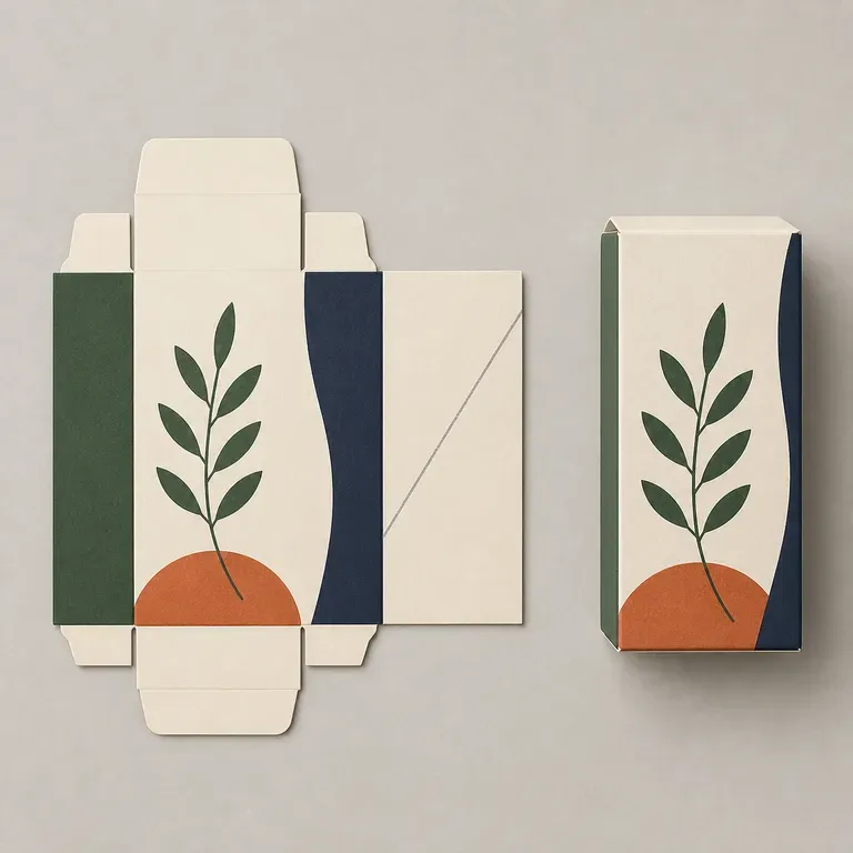 A folding carton concept shown as both a flattened die-line and an assembled render