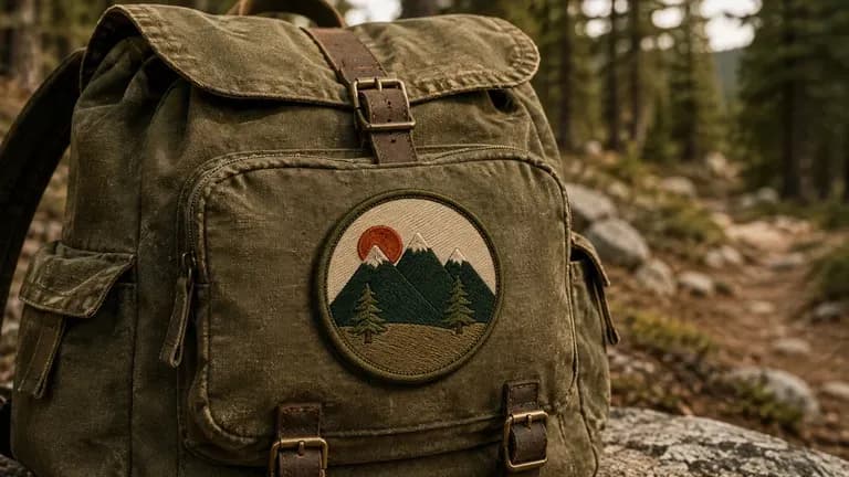 A round outdoor-club patch pinned to a canvas backpack