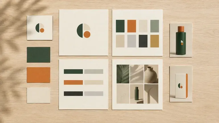 A complete style guide page set surrounded by a logo card, colour cards and application examples