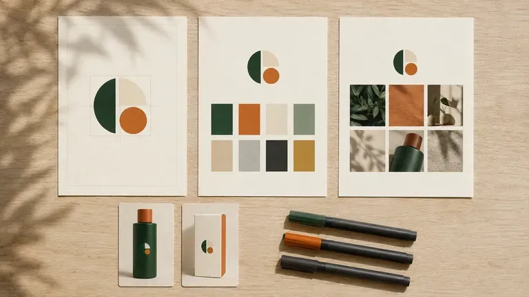 A designer's desk with style guide pages beside proof cards and marker pens