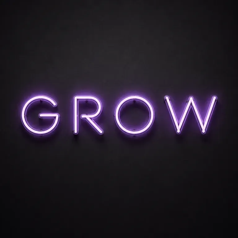 A close-up of the word GROW in glowing neon with a night-time mood