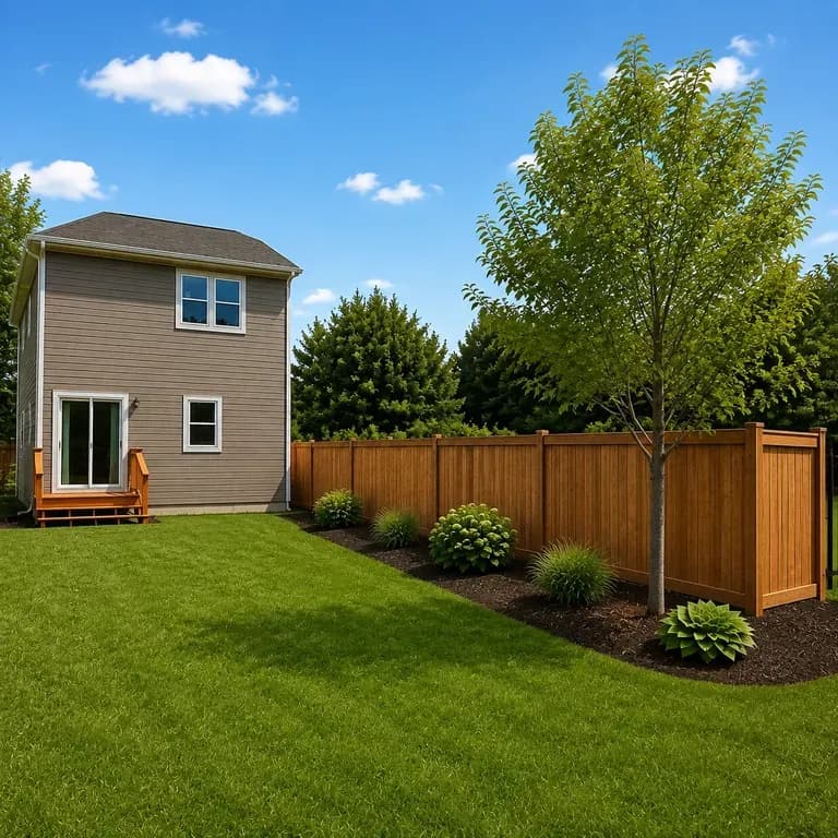 A close-up of a yard's fence boundary after a redesign