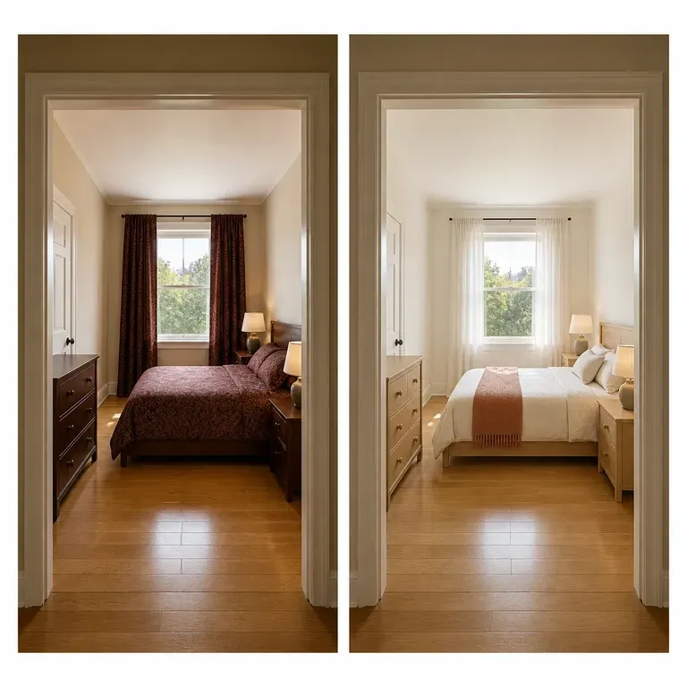 A split-frame before and after comparison of the same bedroom