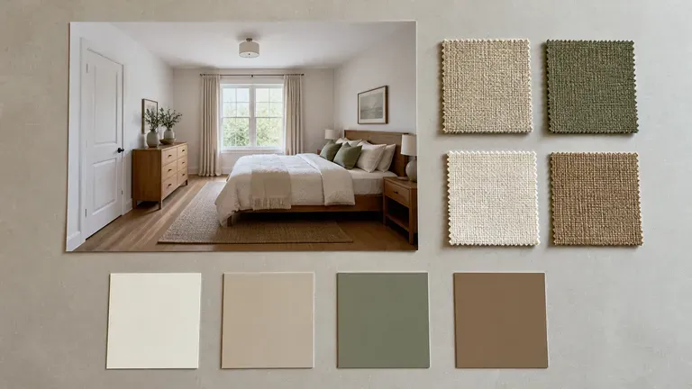 A bedroom concept preview beside fabric swatches and colour cards