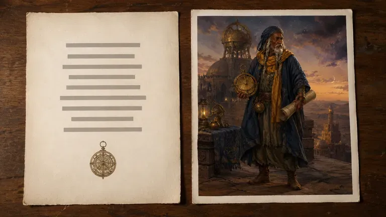 A typewritten character backstory page beside the character illustration it produced