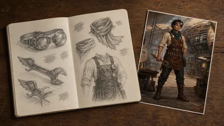 A personal-project character illustration beside a casually handwritten notebook