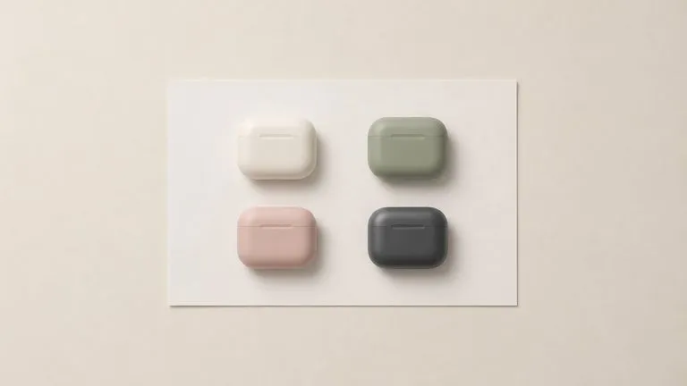 A printed sheet showing one earbud case in four colourways laid out for a review