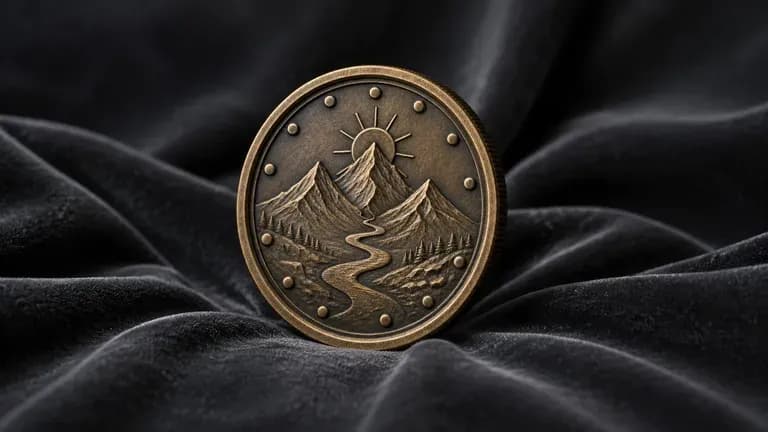 An antique bronze crest coin standing upright on dark velvet fabric