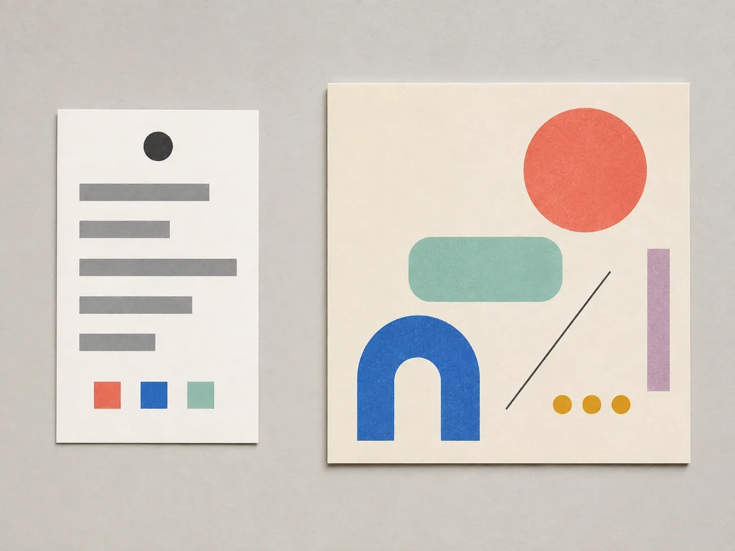 A printed design brief card beside the abstract social-post layout render it produced
