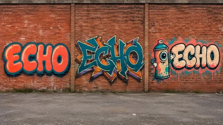 The word ECHO painted in three graffiti styles: bubble letter, wildstyle, character-led