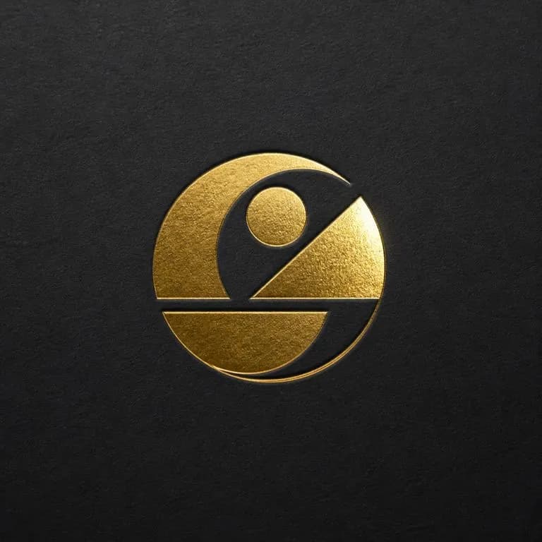 An abstract mark in gold foil catching light against a dark matte ground