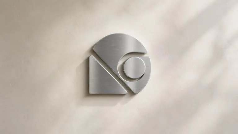An abstract mark mounted as metal signage on an interior wall