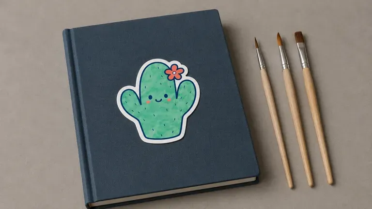 A distinctive illustration-style sticker on a sketchbook cover beside paintbrushes