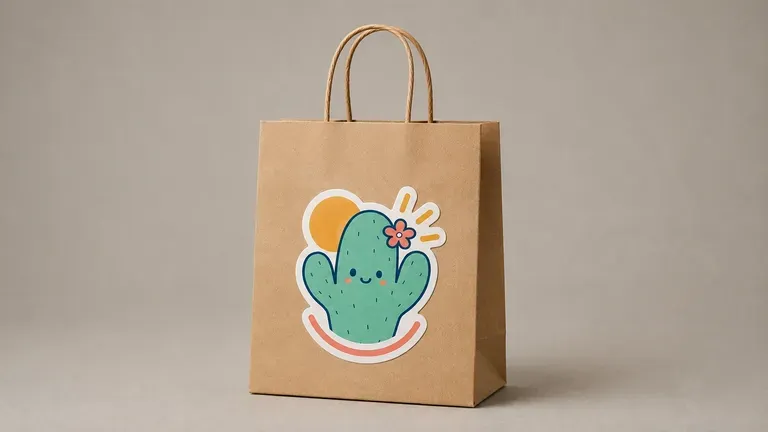 A branded-style sticker stuck on a paper gift bag