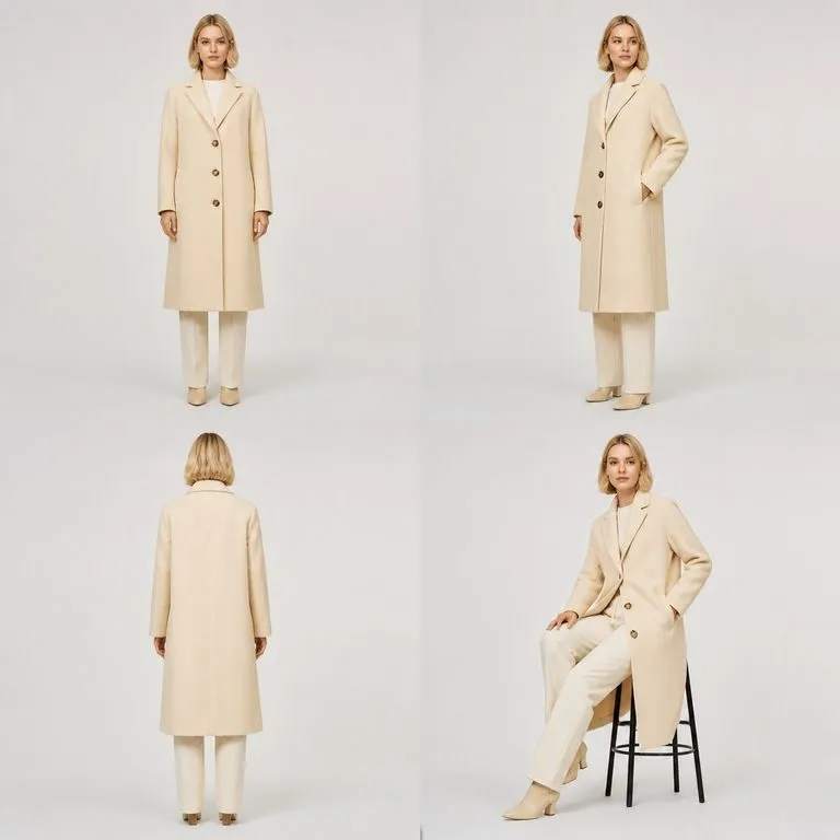 One model and one garment shown in four distinct poses