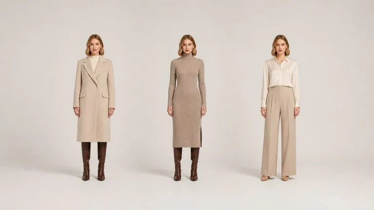 One model wearing three different garments with an identical face throughout