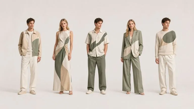 Five looks from one collection shown on model in a consistent row