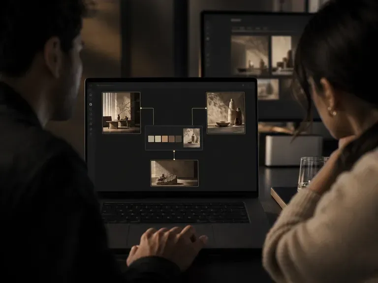 Two colleagues comparing a shared aesthetic direction across two screens