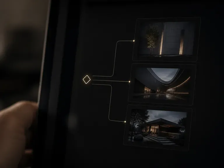 An agent glyph beside a cluster of reference thumbnails