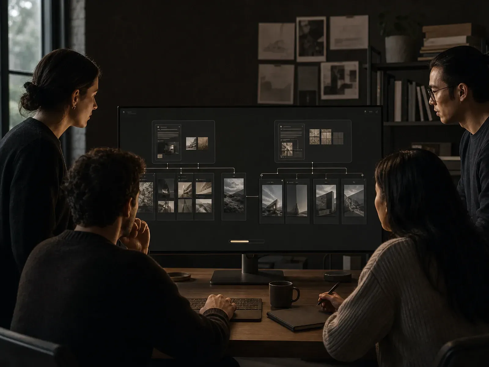 A small team gathered around a shared canvas workspace