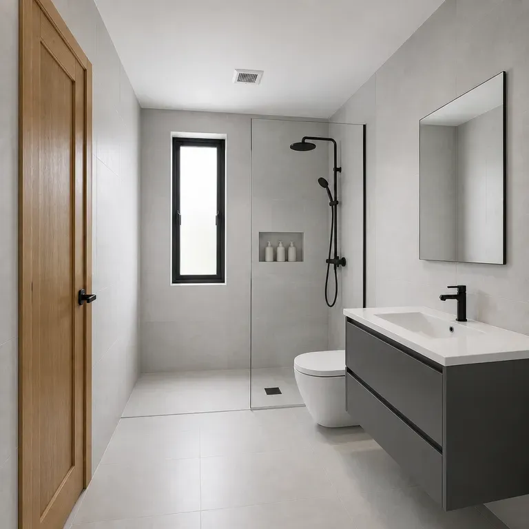 A close-up of a modern minimal bathroom after a redesign