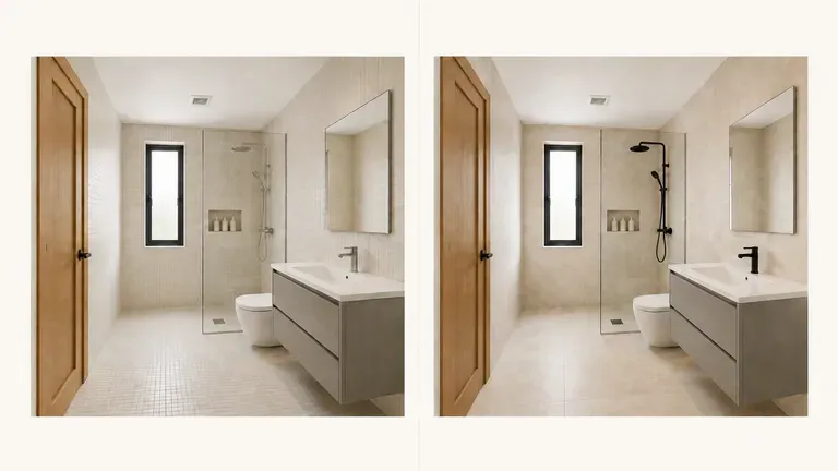 A tile material shown before and after, only the tile and hardware changed