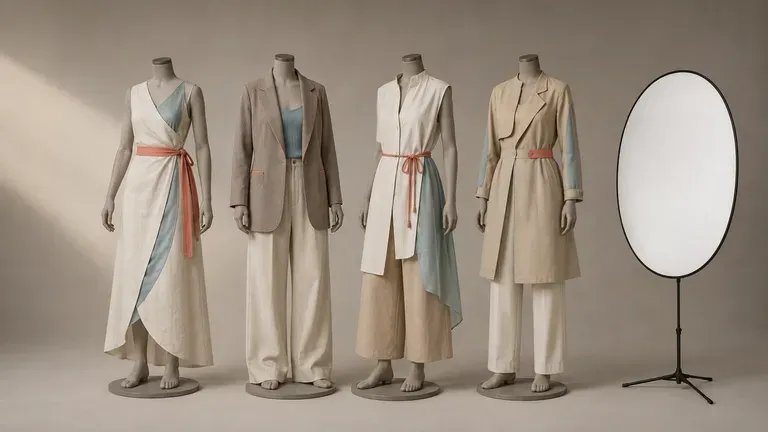Several collection looks on dress forms in a studio with a reflector prop nearby