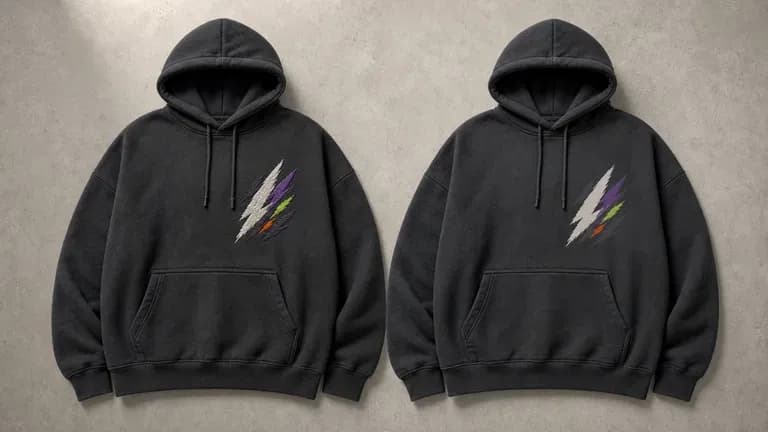 The same graphic shown as an embroidered version and a printed version with different textures