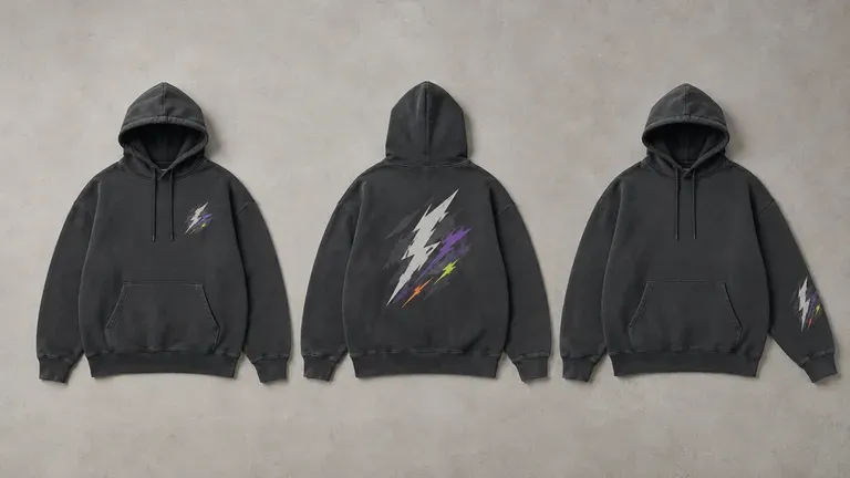 Three hoodie print positions compared flat-laid: chest logo, back print and sleeve detail