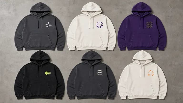 Several hoodies flat-laid in a tidy grid suggesting a print-on-demand catalogue