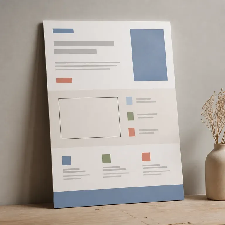 A landing page layout with a simple rectangular screenshot placeholder and feature blocks