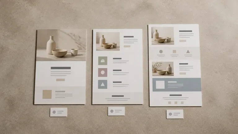Three printed landing page layouts on a desk showing hero-led, benefit-stack and launch-page structures