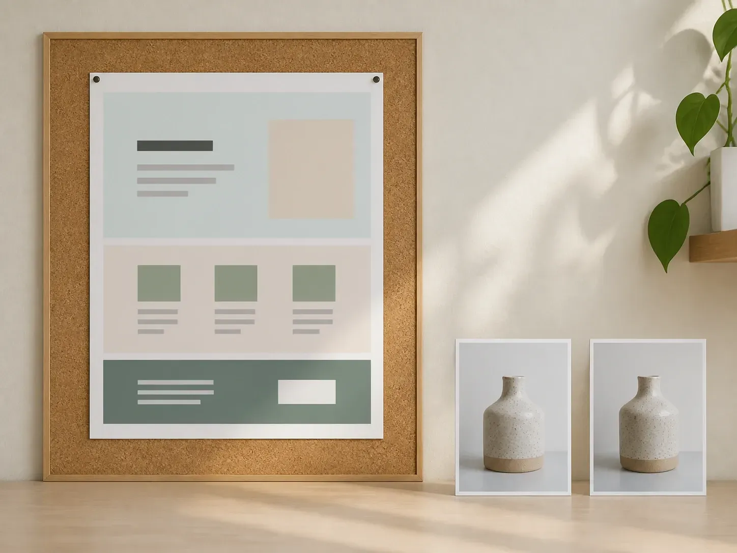 A printed landing page layout pinned to a studio corkboard beside two product photographs