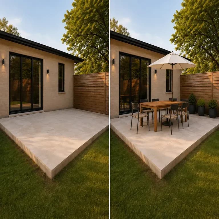 A split-frame before and after comparison of the same patio