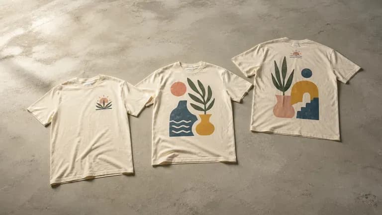 Three T-shirt print positions compared flat-laid: chest, full front and back with small chest mark