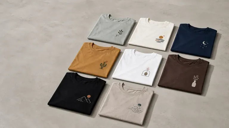 Several T-shirts flat-laid in a tidy grid suggesting a print-on-demand catalogue